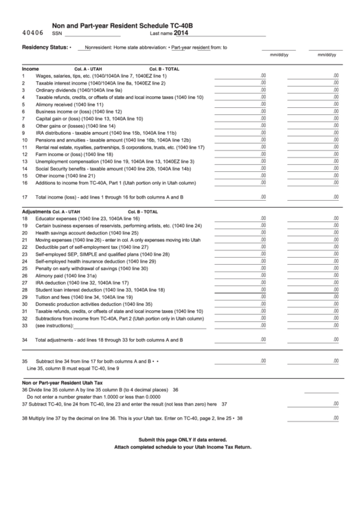Fillable Form Tc-40b - Non And Part-Year Resident Schedule - 2014 Printable pdf
