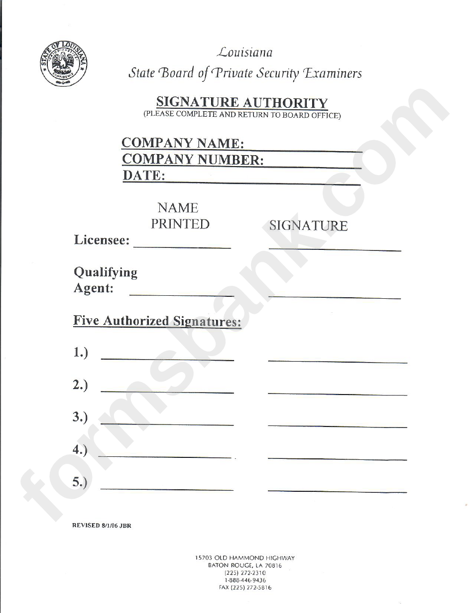 Signature Authority - Louisiana State Board Of Private Security Examiners printable pdf download