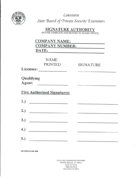 Signature Authority - Louisiana State Board Of Private Security Examiners Printable pdf