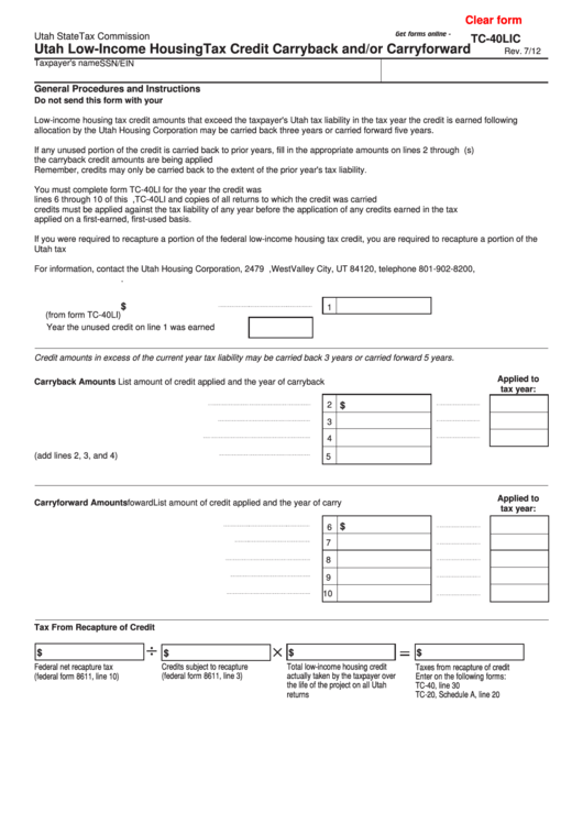 Fillable Form Tc-40lic - Utah Low-Income Housing Tax Credit Carryback And/or Carryforward Printable pdf