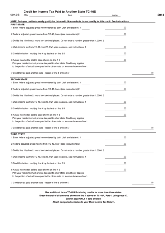 Fillable Form Tc-40s - Credit For Income Tax Paid To Another State - 2014 Printable pdf