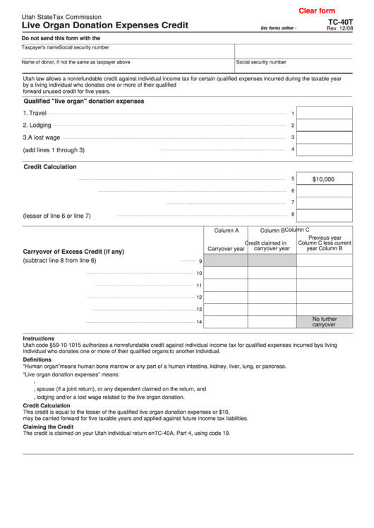 Fillable Form Tc-40t - Live Organ Donation Expenses Credit Printable pdf