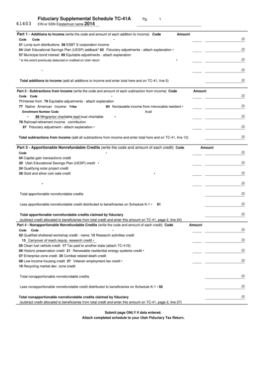 Fillable Form Tc-41a P - Fiduciary Supplemental Schedule - 2014 Printable pdf