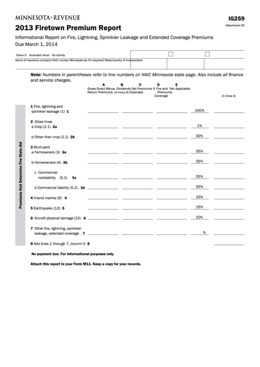 Fillable Form Ig259 - Firetown Premium Report - Minnesota Department Of Revenue - 2013 Printable pdf