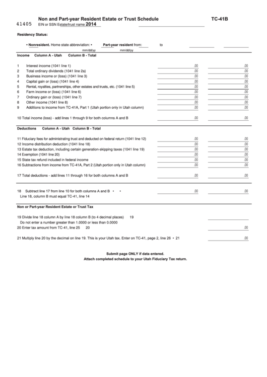 Fillable Form Tc-41b - Non And Part-Year Resident Estate Or Trust Schedule - 2014 Printable pdf