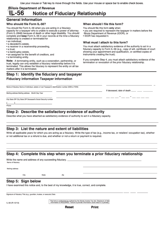 Fillable Form Il-56 - Notice Of Fiduciary Relationship - Illinois Department Of Revenue Printable pdf