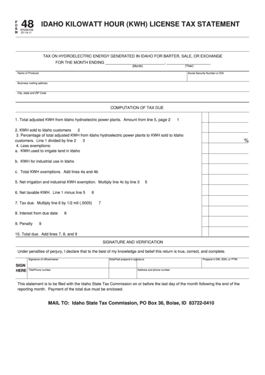 Form 48 - Idaho Kilowatt Hour (Kwh) License Tax Statement Printable pdf