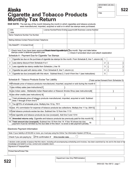 Fillable Form 522 - Cigarette And Tobacco Products Monthly Tax Return - State Of Alaska Printable pdf