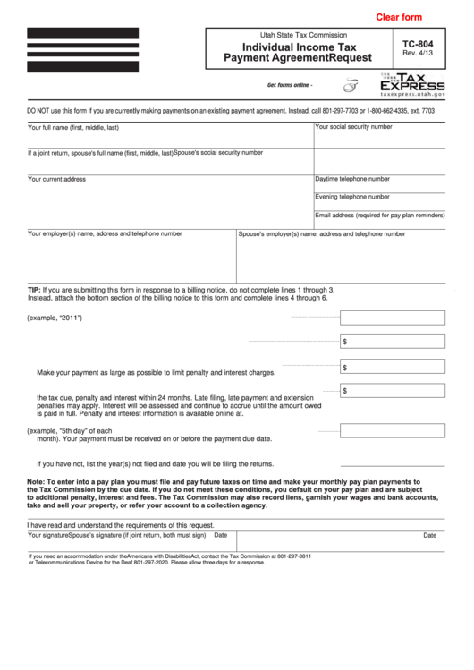 Fillable Form Tc-804 - Individual Income Tax Payment Agreement Request Printable pdf