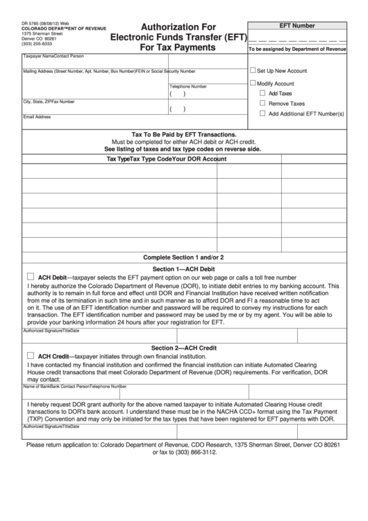 Fillable Form Dr 5785 - Authorization For Electronic Funds Transfer (Eft) For Tax Payments - Colorado Department Of Revenue Printable pdf