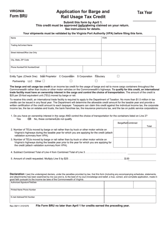 Form Bru - Virginia Application For Barge And Rail Usage Tax Credit Printable pdf