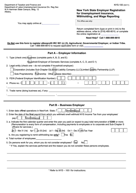 Form Nys-100 - New York State Employer Registration For Unemployment Insurance, Withholding, And Wage Reporting Printable pdf