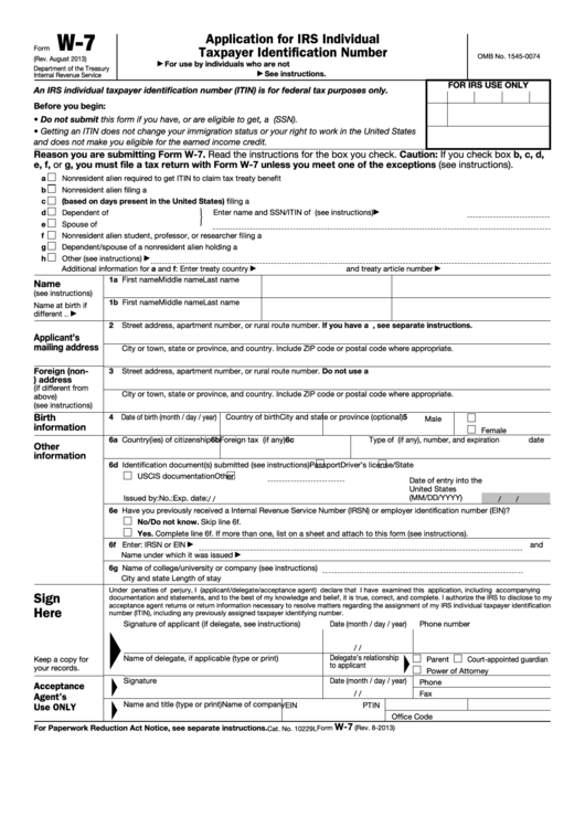 Fillable Form W 7 Application For Irs Individual Taxpayer Identification Number Printable Pdf 9943