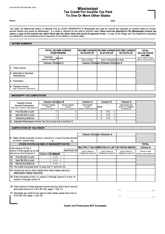 Fillable Form 80-160-14-8-1-000 - Mississippi Tax Credit For Income Tax Paid To One Or More Other States Printable pdf