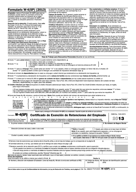 Formulario W-4(sp) - Certificado De Exencion De Retenciones Del Empleado - 2013