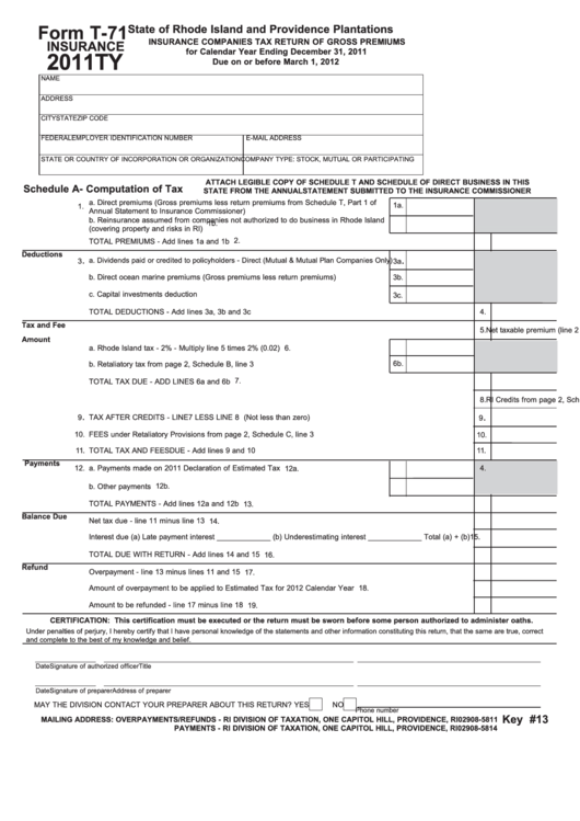 Form T-71 Insurance 2011ty - Insurance Companies Tax Return Of Gross Premiums Printable pdf