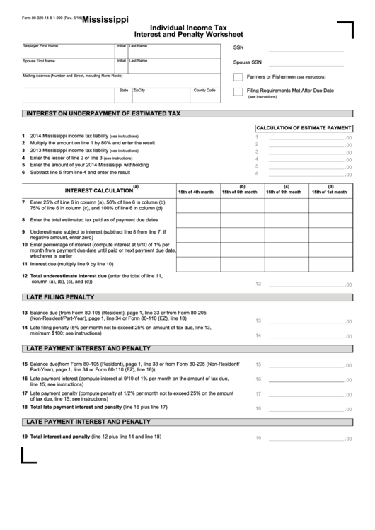 Fillable Form 80-320-14-8-1-000 - Mississippi Individual Income Tax Interest And Penalty Worksheet Printable pdf