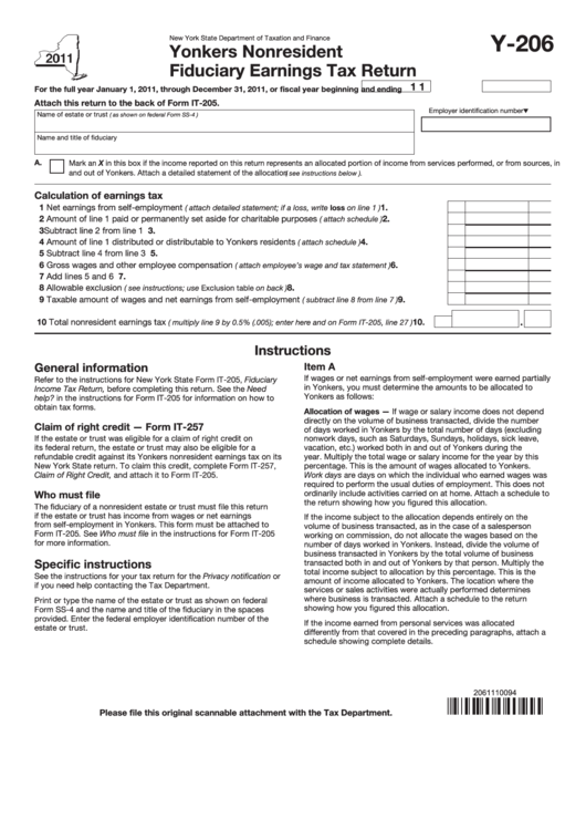 Fillable Form Y-206 - Yonkers Nonresident Fiduciary Earnings Tax Return - 2011 Printable pdf