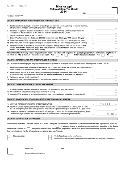 Fillable Form 80-315-14-8-1-000 - Mississippi Reforestation Tax Credit - 2014 Printable pdf