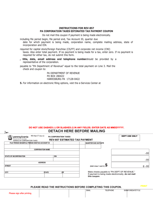 Instructions For Form Rev-857 - Pa Corporation Taxes Estimated Tax Payment Coupon Printable pdf