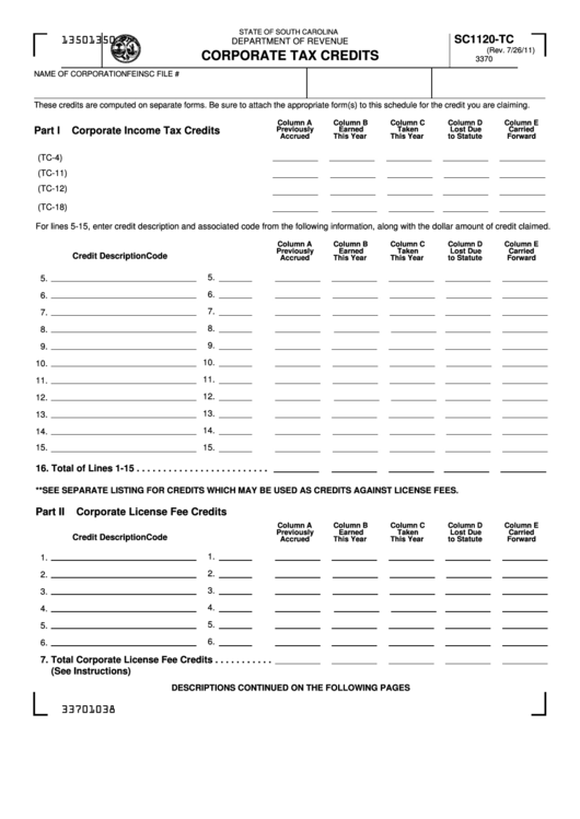 Form Sc1120-T - Corporate Tax Credits Printable pdf