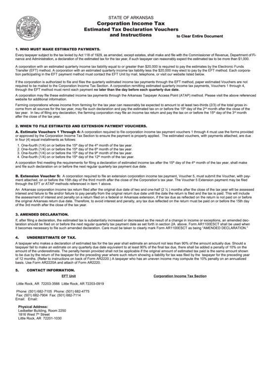 Fillable Estimated Tax Declaration Vouchers - State Of Arkansas Corporation Income Tax Printable pdf