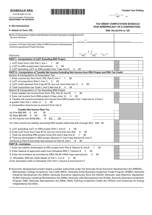 Fillable Schedule Kra - Kentucky Tax Credit Computation Schedule (For A Kra Project Of A Corporation) Printable pdf