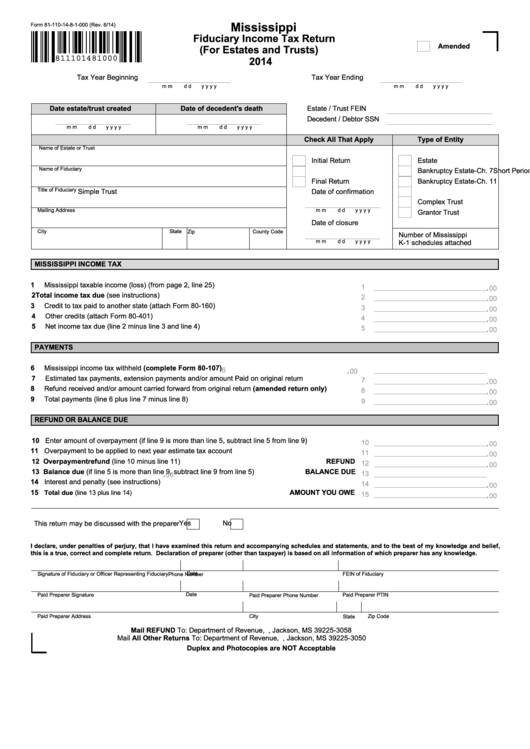 Fillable Form 81-110-14-8-1-000 - Mississippi Fiduciary Income Tax Return (For Estates And Trusts) - 2014 Printable pdf