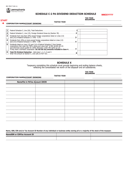 Fillable Schedule C-2 (Form Rev-798) - Pa Dividend Deduction Schedule, Schedule X Printable pdf