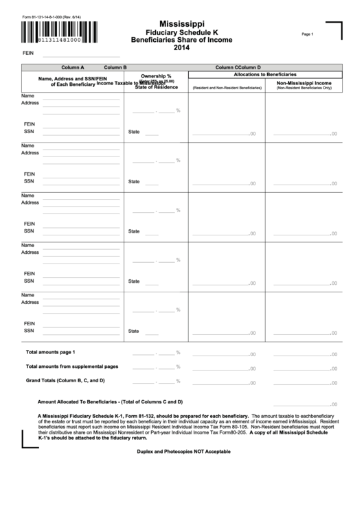 Fillable Form 81-131-14-8-1-000 - Mississippi Fiduciary Schedule K - Beneficiaries Share Of Income - 2014 Printable pdf