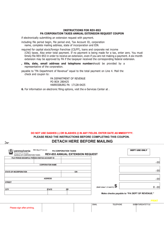 Instructions For Form Rev-853 - Pa Corporation Taxes Annual Extension Request Coupon Printable pdf