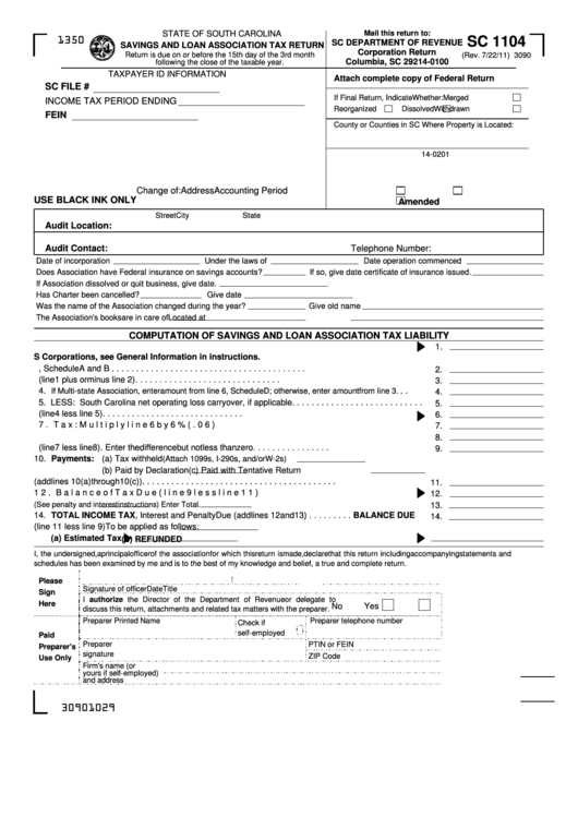 Form Sc 1104 - South Carolina Savings And Loan Association Tax Return Printable pdf