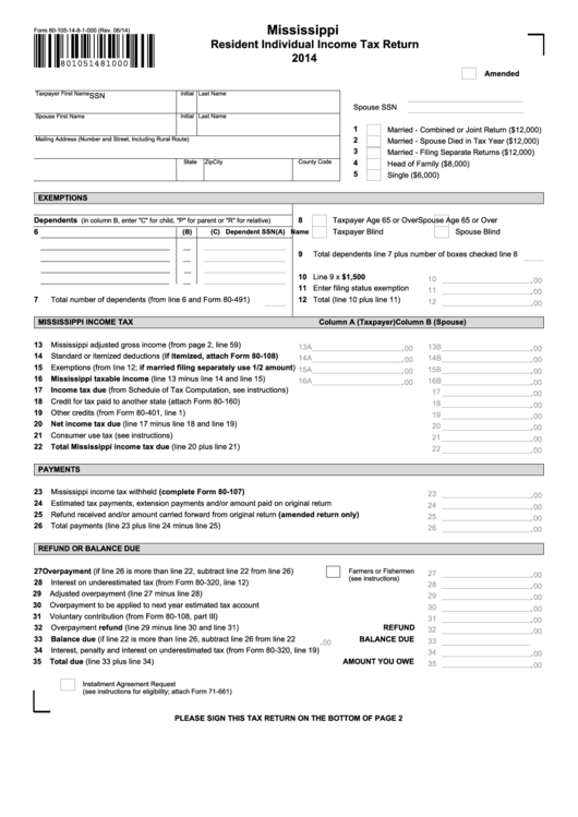 Fillable Form 80-105-14-8-1-000 - Mississippi Resident Individual Income Tax Return - 2014 Printable pdf