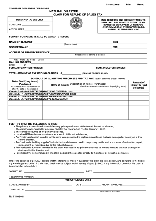 Fillable Form Rv-F1406401 - Natural Disaster Claim For Refund Of Sales Tax Printable pdf