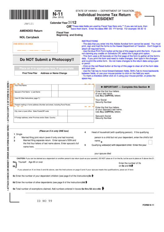 Form N-11- Individual Income Tax Return - Resident/schedule Cr - Schedule Of Tax Credits - 2012