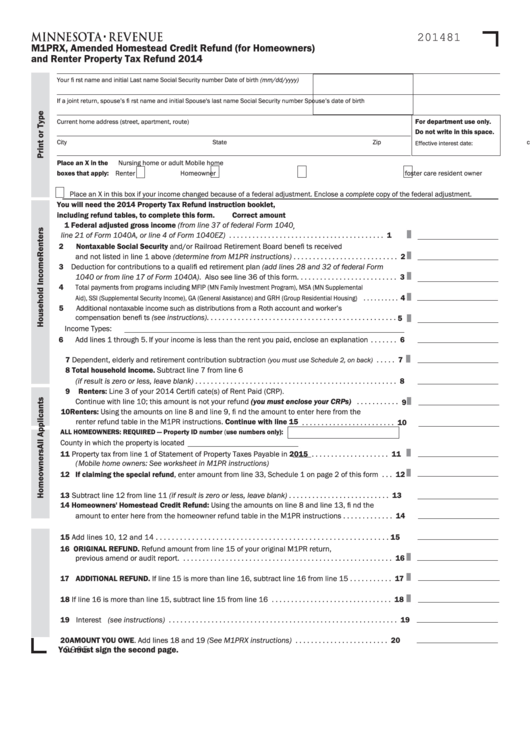 Fillable Form M1prx - Minnesota Amended Homestead Credit Refund (For Homeowners) And Renter Property Tax Refund - 2014 Printable pdf