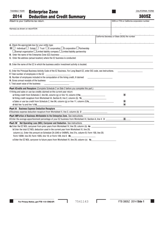 Form 3805z - California Enterprise Zone Deduction And Credit Summary - 2014 Printable pdf