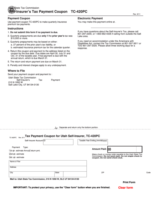 Fillable Form Tc-420pc - Tax Payment Coupon For Utah Self-Insurer Printable pdf