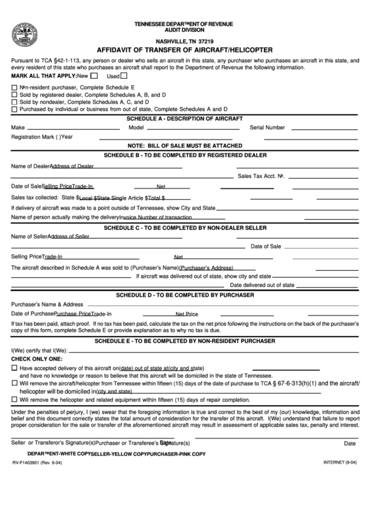 Fillable Form Rv-F1403901 - Affidavit Of Transfer Of Aircraft/helicopter Printable pdf