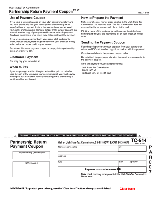 Fillable Form Tc-544 - Partnership Return Payment Coupon Printable pdf