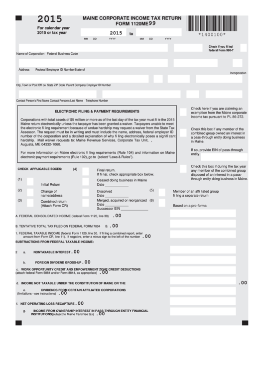 Form 1120me - Maine Corporate Income Tax Return - 2015 Printable pdf