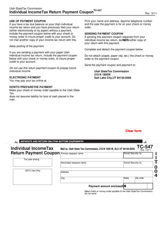 Fillable Form Tc-547 - Individual Income Tax Return Payment Coupon Printable pdf