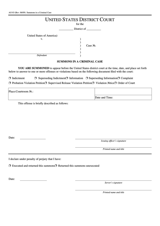 Fillable Form Ao 83 - Summons In A Criminal Case - United States District Court Printable pdf