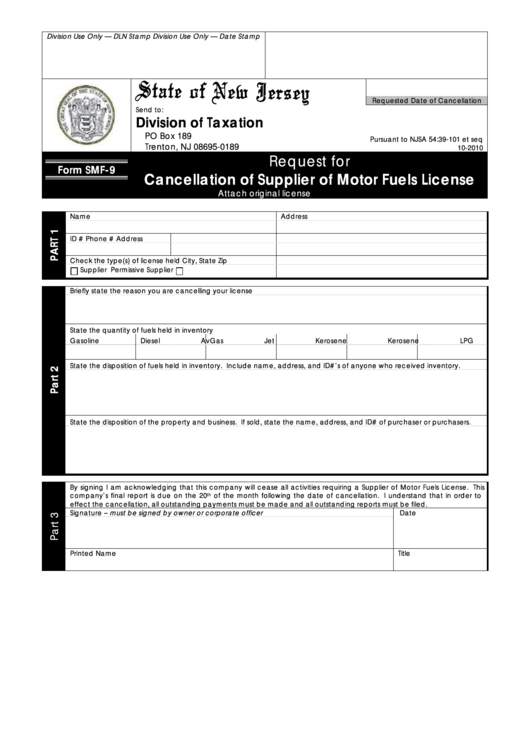 Fillable Form Smf-9 - Request For Cancellation Of Supplier Of Motor Fuels License Printable pdf