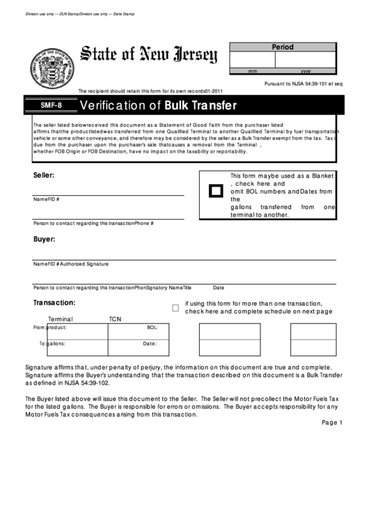 Fillable Form Smf-8 - Verification Of Bulk Transfer Printable pdf