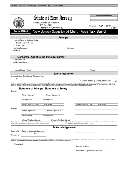 Fillable Form Smf-6 - New Jersey Supplier Of Motor Fuels Tax Bond Printable pdf