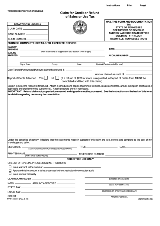Fillable Form Rv-F1403301 - Claim For Credit Or Refund Of Sales Or Use Tax Printable pdf