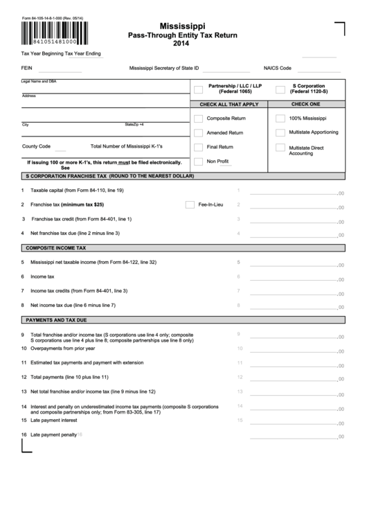 Fillable Form 84-105-14-8-1-000 - Mississippi Pass-Through Entity Tax Return - 2014 Printable pdf