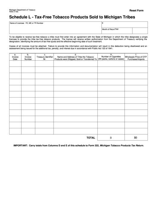 Fillable Form 4032 (Schedule L) - Tax-Free Tobacco Products Sold To Michigan Tribes Printable pdf