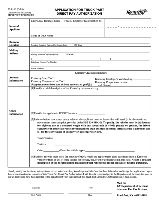 Form 51a160 - Application For Truck Part Direct Pay Authorization Printable pdf